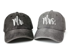 Mr. and Mrs. Baseball Cap Bride Groom Matching Hats Couples Set, Washed Black...