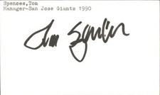 Tom Spences Signed 3x5 Index Card Cut Giants Autograph Den