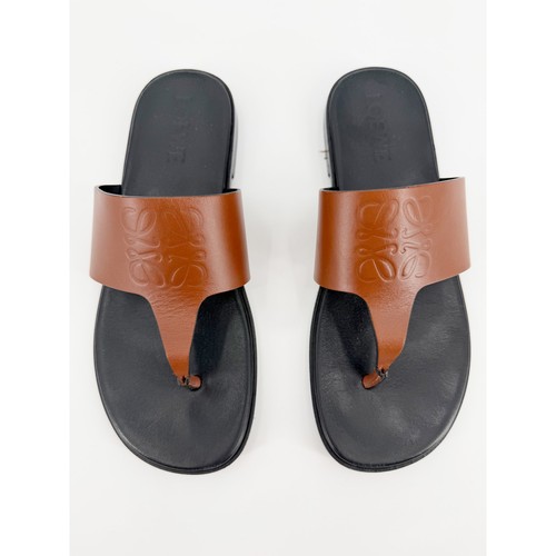 Loewe Paula's Ibiza Anagram Leather Thong Sandals Brown Cognac Black Flat Box 37