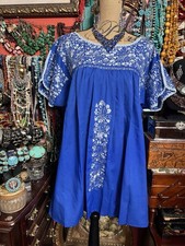 BEAUTIFUL El INTERIOR MEXICAN OAXACA BLUE  SILVER SILK EMBROIDERY TUNIC XL