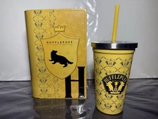 Harry Potter Popcorn Bucket Book Tin Hufflepuff  + Cup Hogwarts 20th Anniversary