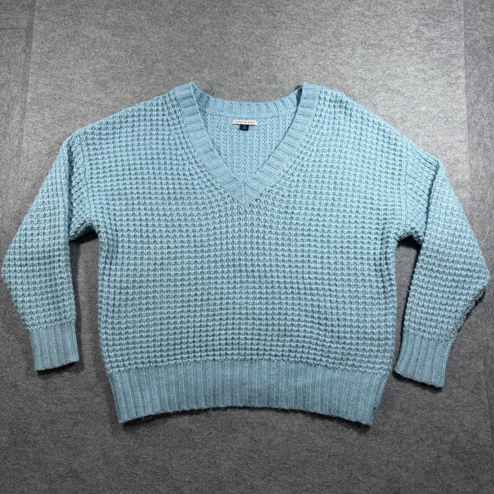 American Eagle Crochet Sweater Womens S Blue V Neck Chunky Knit Drop Shoulder