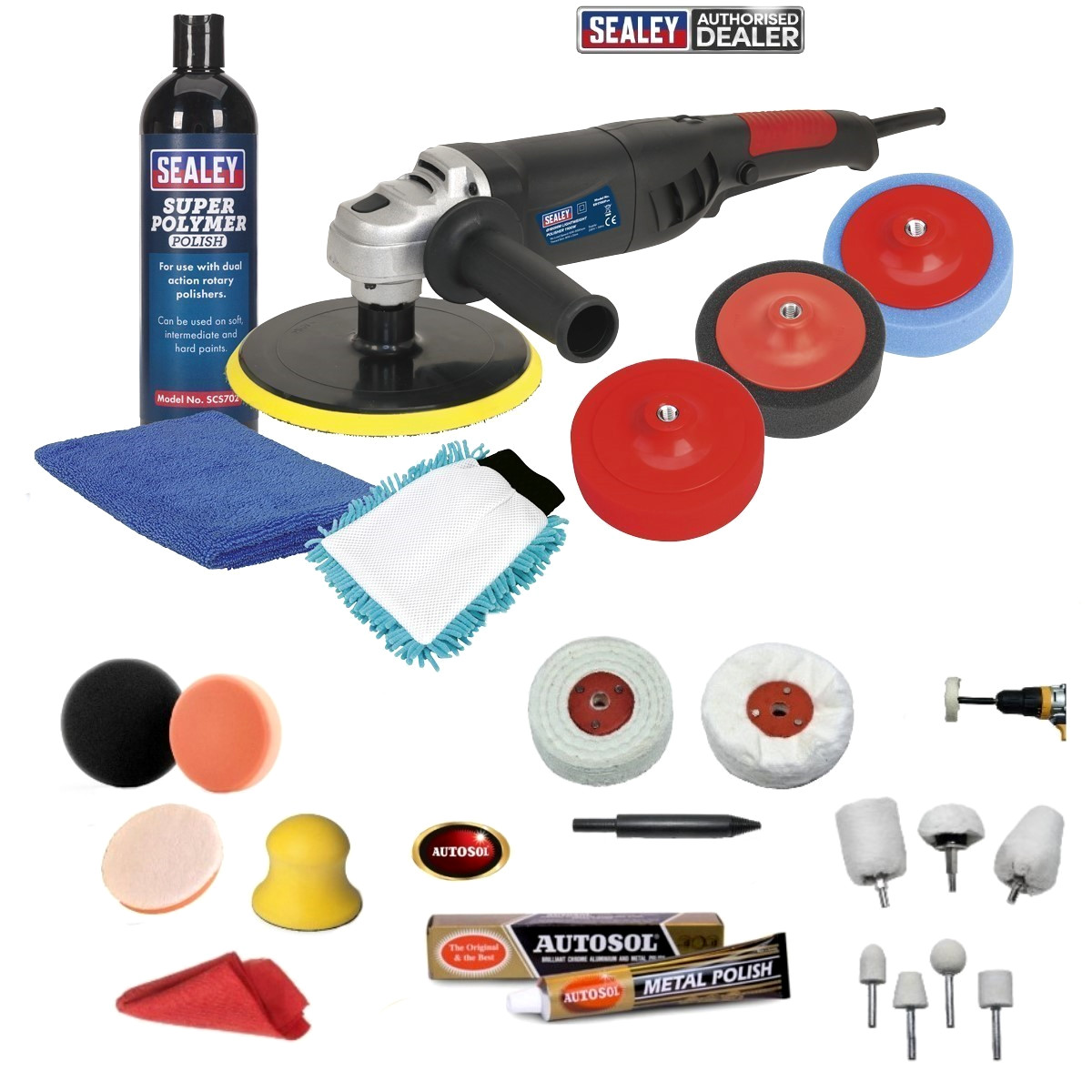 Valeting Detailing Polishing Car Polisher Sealey + Autosol Metal Polishing Kit