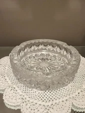 Vintage Crystal Cut Glass Clear Ashtray 6 1/2” Cigar Cigarette Heavy Thick