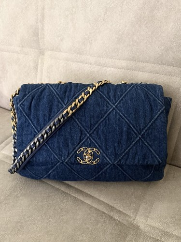 Authentic Chanel 19 Flap Bag Quilted Denim Maxi