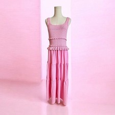 Entro Pink Crochet Bodice Tiered Maxi Dress Ruffle Trim Square Neck Women's S