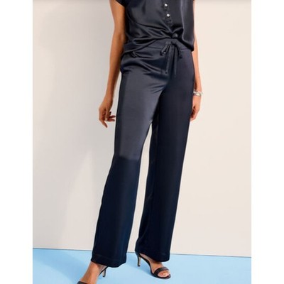 Talbots Satin Wide Leg Pants Indigo Blue Drawstring Size Large NWT