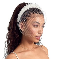 Pearl Beaded Bridal Headband Birdcage Veil Bachelorette Party Hairpiece