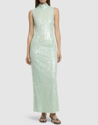 ROTATE Therarosa Embellished Slit Midi Dress Size 34 XS Sequins Light Green NWT