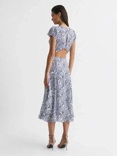 Reiss Livia Blue White Printed Cut Out Keyhole Back Split Midi Dress size 10 M