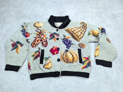 Vintage Adlerauge Strickjacke Damen M Wolle Kürbis Halloween Pullover 80er Cottagecore