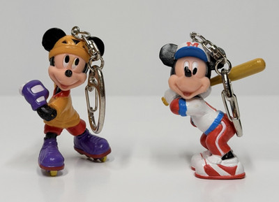 Disney Mickey Mouse Roller Blading & Baseball Player 3D Keychain Vintage PVC Set