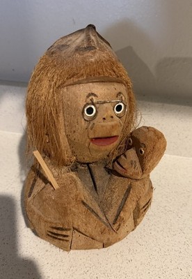 Vintage Hand Carved Tiki Monkey Piggy Bankmother And Baby