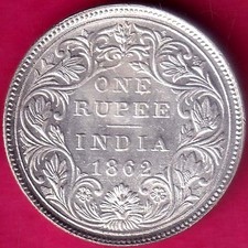 BRITISH INDIA 1862 VICTORIA QUEEN ONE RUPEE BEAUTIFUL SILVER COIN #YT1