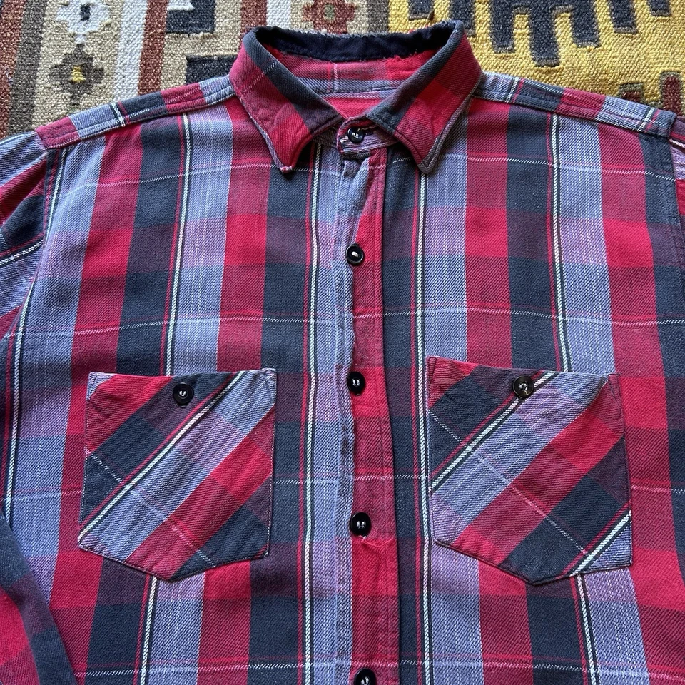 Camisa de franela a cuadros de algodón tejida The Big Y vintage de los años 50 talla L - reparada Foto 2 de 4