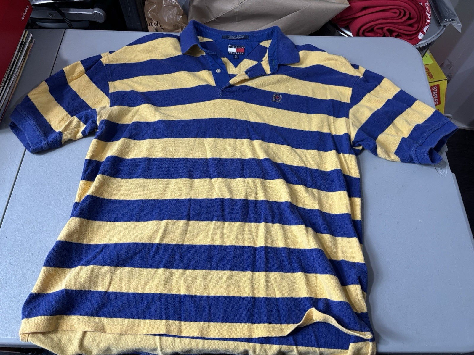 TOMMY HILFIGER Blue Yellow Wide Stripe Polo Shirt 2XL Vintage Preppy Y2K