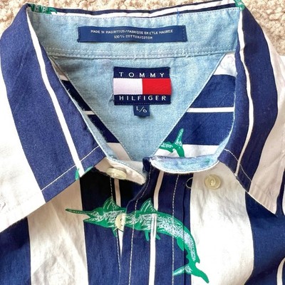 Vtg 90s Tommy Hilfiger Marlin Swordfish Mens L Button Shirt Nautical Striped B2
