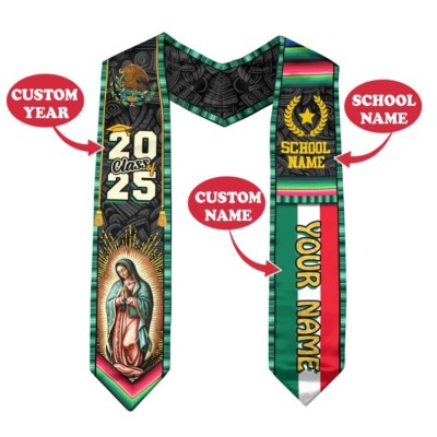Graduation Stole, Mexican American Flags, Custom Name, 2025, Gift