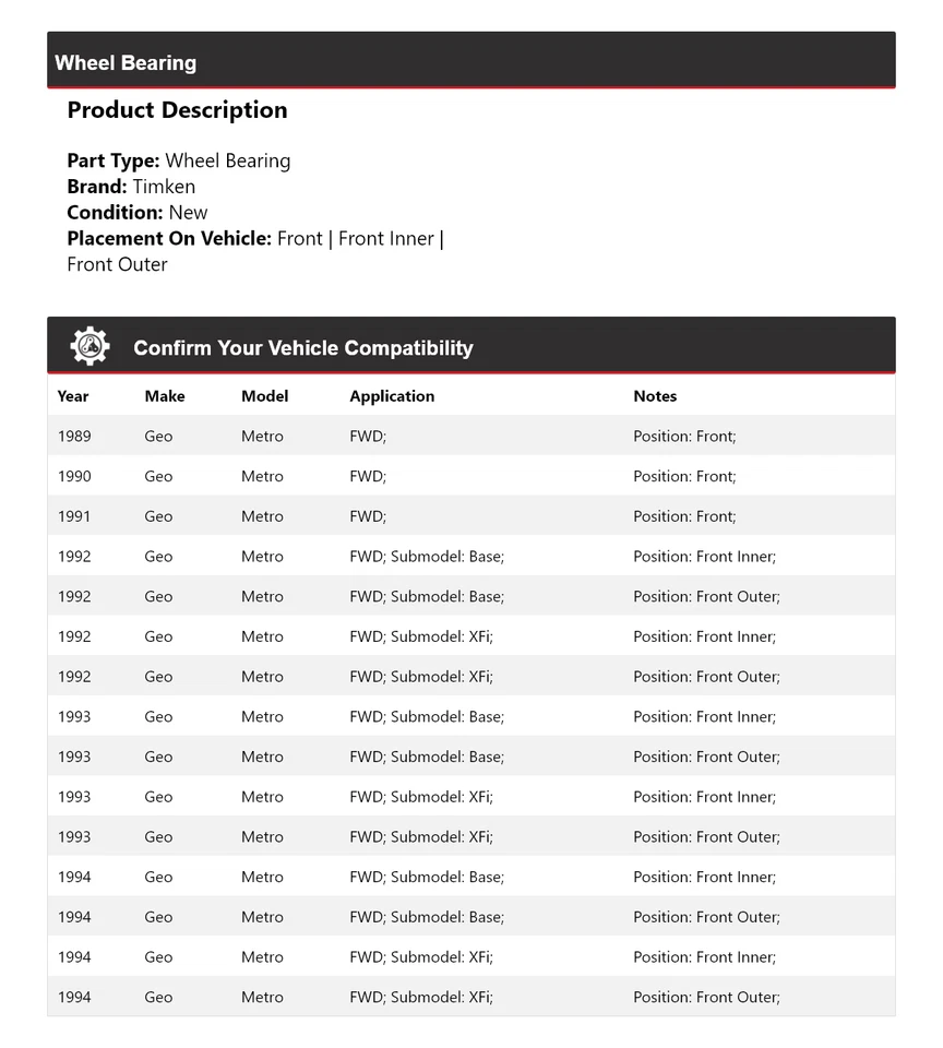 Cojinete de rueda Timken 1990 1991 1992 1993 tracción delantera Geo Metro 1989-1994 Foto 2 de 4