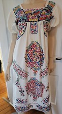VTG 1960  s/70  s Oaxacan Mexican Dress Off White Cotton Multi-Color Embroidery