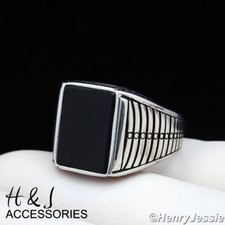 MEN 925 STERLING SILVER RECTANGLE BLACK ONYX RING ASR94