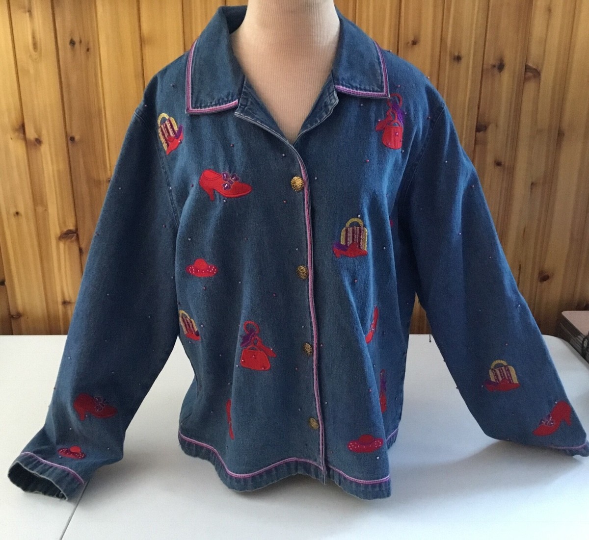SARA STUDIO DENIM JACKET RED HAT SHOE PURSE SZ XL UK