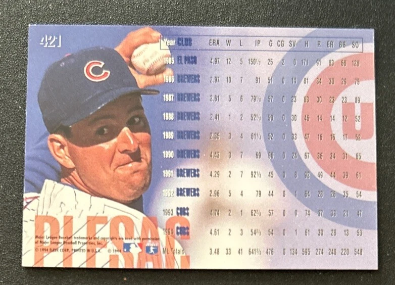 Tarjeta de béisbol Fleer Dan Plesac 1995 #421 Cubs Pitcher en muy buena condición Foto 2 de 2