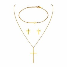 Women Stainless Steel Cross Ear Stud Earring Necklace and Bracelet Jewelry Set