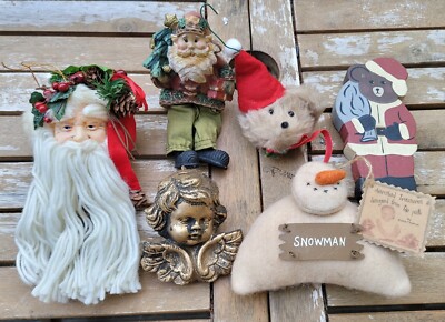 6 Vintage Christmas Tree Ornaments Santa Snowman Cherub Bear Wood Plush 