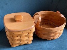 LONGABERGER Basket Lot Cottagecore Woodcraft Lid & Leather Handle on Other