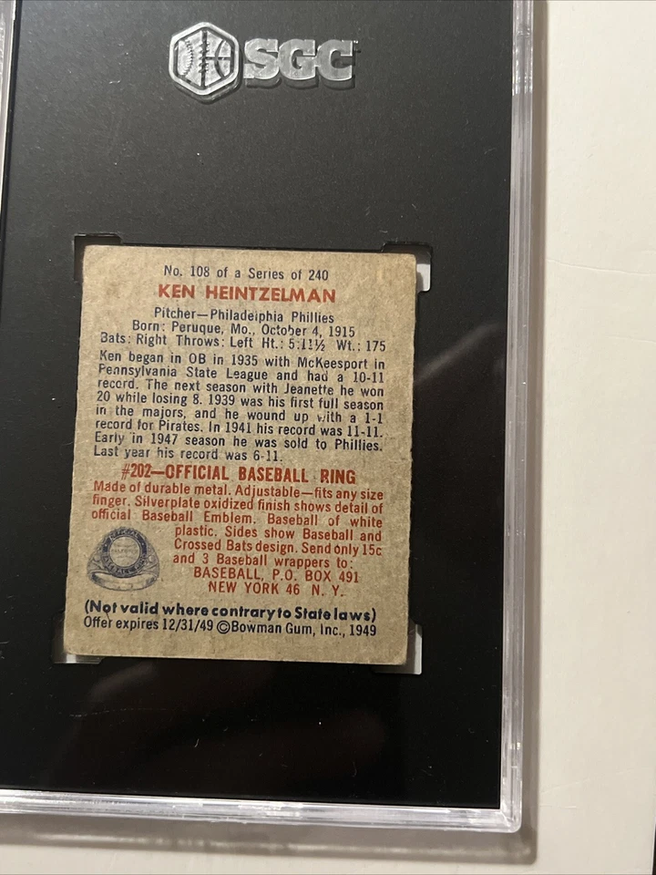 1949 Bowman Ken Heintzelman #108 SGC 3.5 VG + Philadelphia Phillies - Image 3 of 4