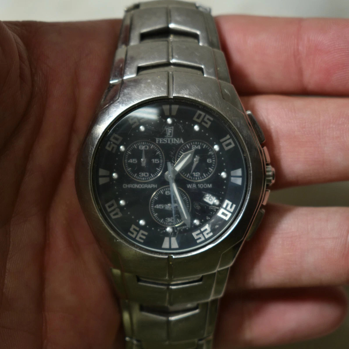 Vintage Festina Watch Chronograph W.R100M 671305 Stainless Steel Working