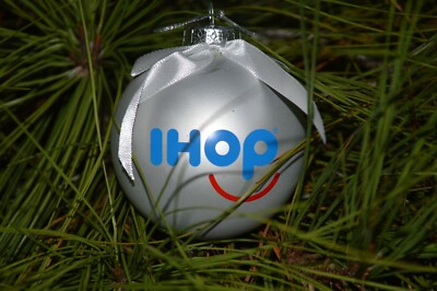 IHOP Restaurant Christmas Ornament SILVER SMILEY Round Ball RARE HARD