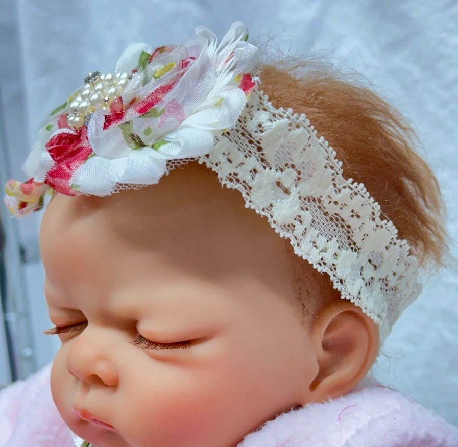 Headband, Lg Flowers, Floral, Pearls/Rhinestones, Lace, Pink/Cream, 14" HP012 - Image 2 of 4