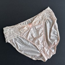 VTG VICTORIAS SECRET Silky Satin Lace Pink Hi Leg PANTY GOLD Label USA Sz 7