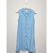 POPSUGAR Chambray Sleeveless Blue Button-Front Mini Shirt Dress Pockets Small