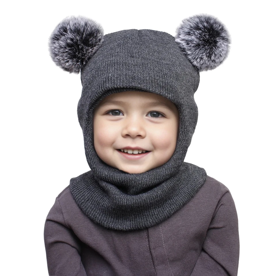 Sombrero de invierno para niños 3-12 años doble pom gorro tejido cálido cubierta de oreja gorra de una pieza Foto 3 de 4