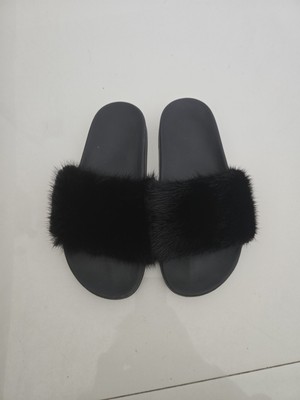 M- Givenchy Black Mink Fur Flat Slide Women's Sandals Size 38 / 8 US