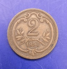 Antique 1896 Austria 2 Heller Bronze Coin w/Shield On Back • Franz Joseph I 