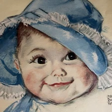 Maud Tousey Fangel Smiling Baby Print 8 By 10" Blue Bonnet 1940s Style Vintage