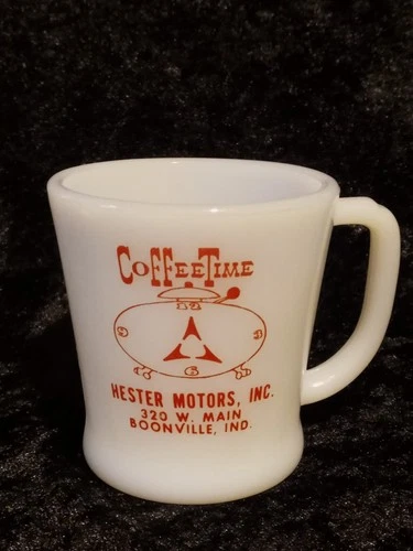 VINTAGE FIREKING FIRE-KING ANCHOR HOCKING WHITE MUG WITH ADVERTISING