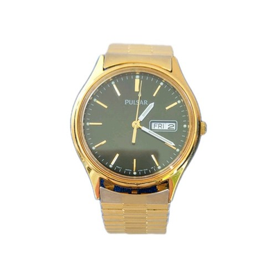 #ad #ad VTG Pulsar Watch Black Dial Gold Tone Stainless Steel Day Date Japan New Battery $25.00