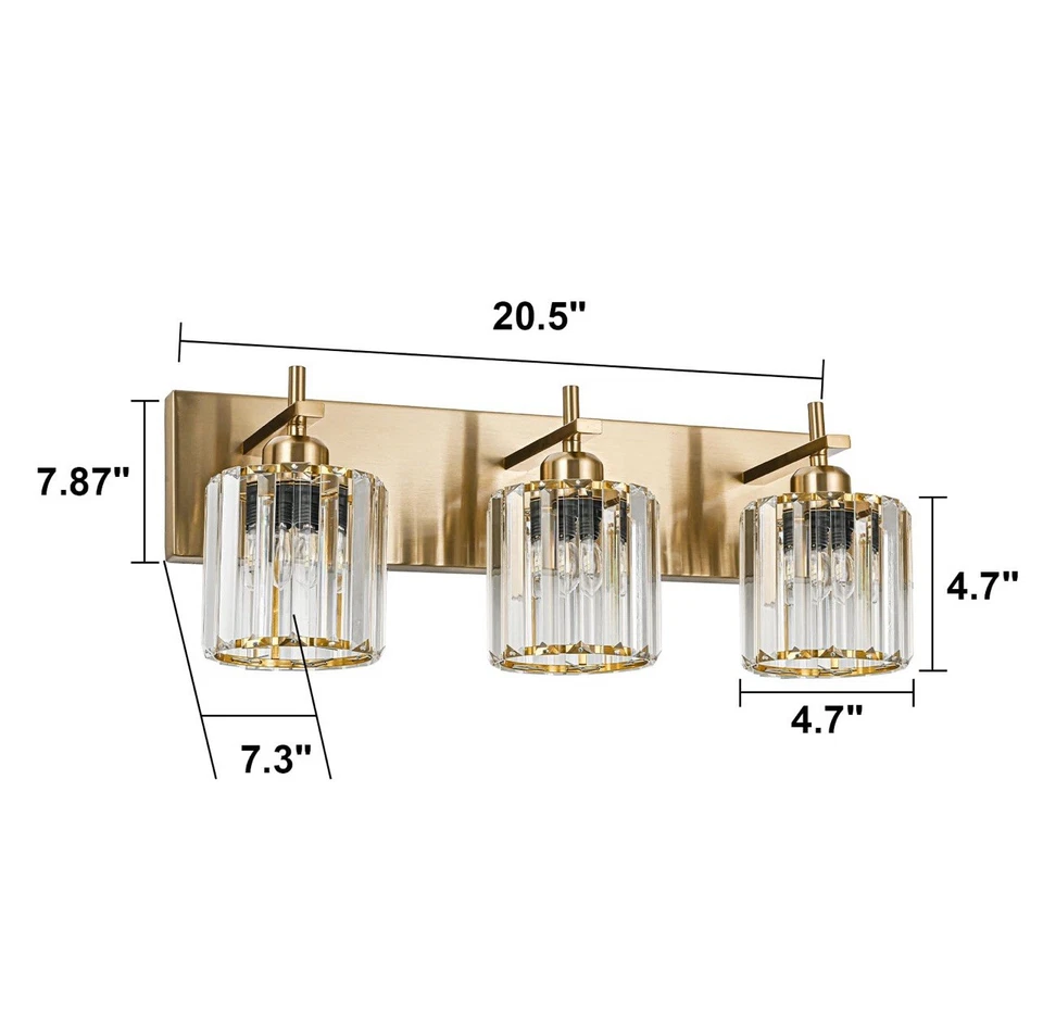 Luces de tocador de baño modernas de cristal, lámparas de baño doradas de 3 luces... Foto 4 de 4