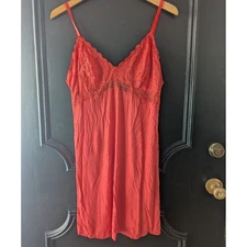 Soma Cool Nights Lace Trim Babydoll Slip Coral Red Spaghetti Strap Women's Sz L