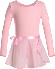 DANSHOW Girls Team Basic Long Sleeve Leotard with Skirt Kid 4-6 Years, Pink