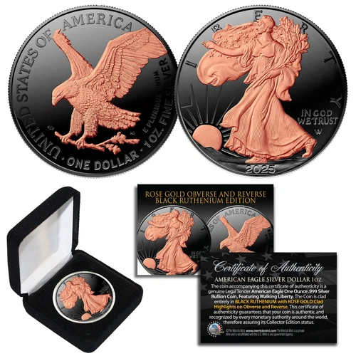 2025 BLACK RUTHENIUM 1oz .999 Fine Silver American Eagle Coin - 23K ROSE GOLD
