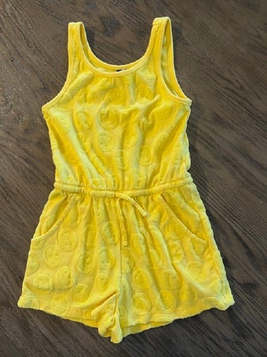 NWOT OLD NAVY GIRLS YELLOW HAPPY FACE PRINT COTTON BLEND SHORT ROMPER SIZE S