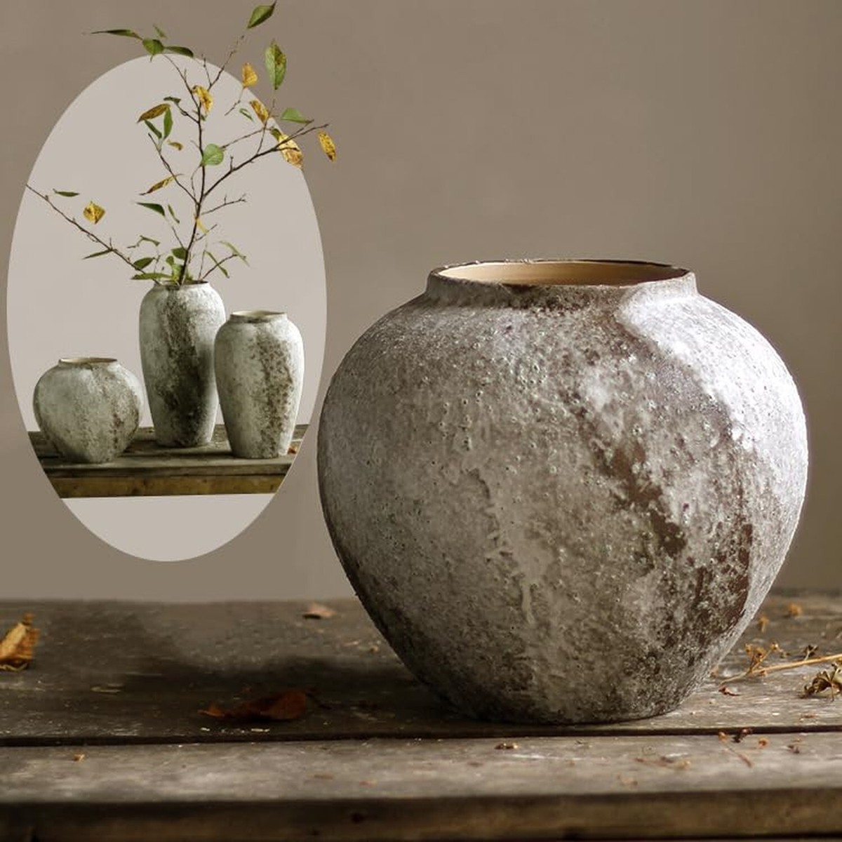 Rustic Ceramic Flower Vase, Vintage Tall Floor Vase Farmhouse