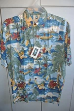 Kahala  Mens Small Fabulous Ukulele Hula Girls & Outriggers on Blue Rayon/NWT