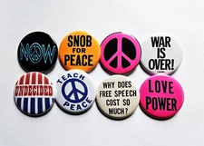 Vintage Reproduction Protest Pinback Buttons Magnets & Bottle Openers. Set 08